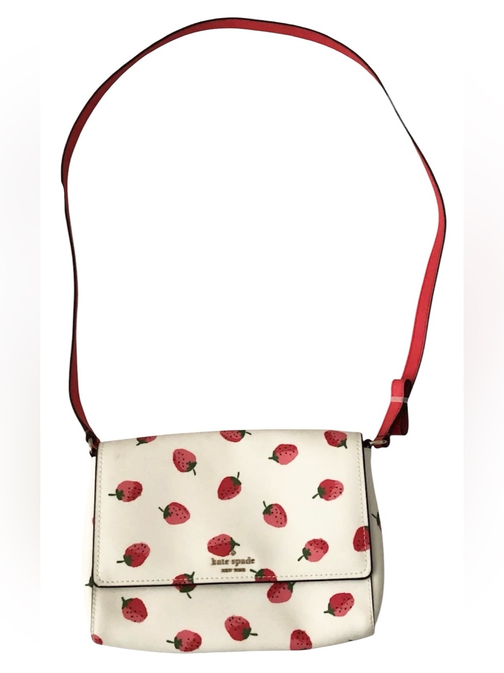 kate spade White Strawberry Print Crossbody with Red Strap